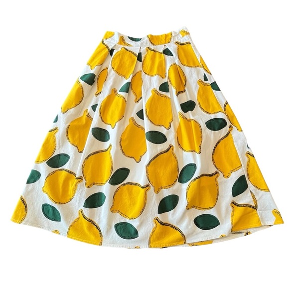 Chicwish Skirt Size M Bright Lemon Print On White A Line Zip 40% Wool Box Pleats - Picture 2 of 13
